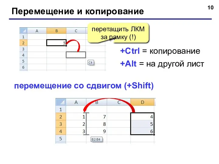Перемещение и копирование перетащить ЛКМ за рамку (!) +Ctrl = копирование +Alt =
