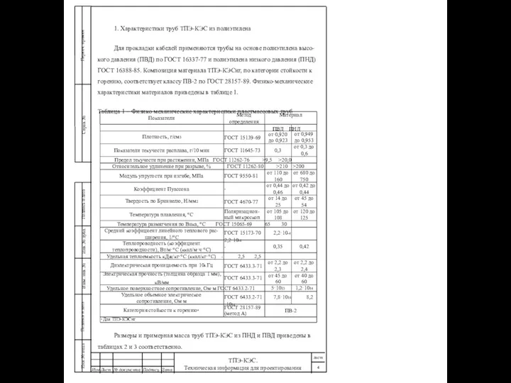 1. Характеристики труб ТПЭ-КЭС из полиэтилена Для прокладки кабелей применяются