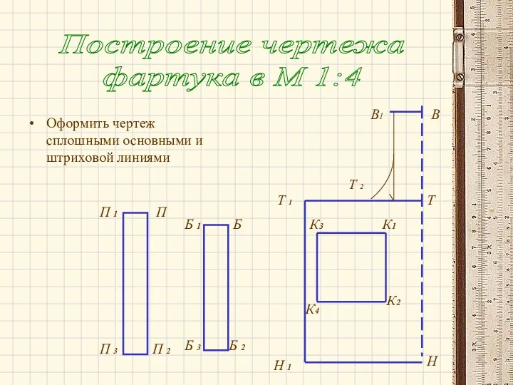 Оформить чертеж сплошными основными и штриховой линиями Построение чертежа фартука в М 1:4