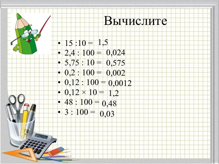 Вычислите 15 :10 = 2,4 : 100 = 5,75 : 10 = 0,2