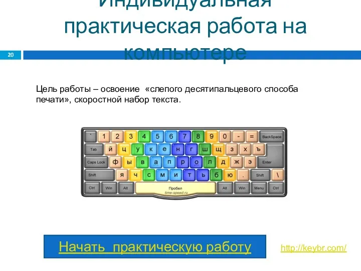 Индивидуальная практическая работа на компьютере Цель работы – освоение «слепого