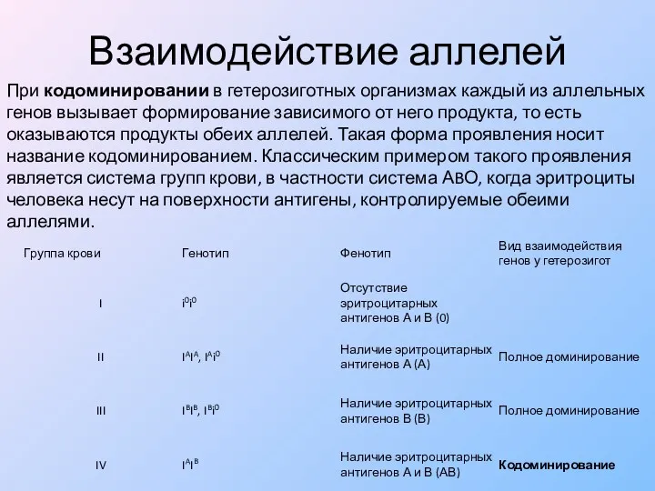 Взаимодействие аллелей При кодоминировании в гетерозиготных организмах каждый из аллельных