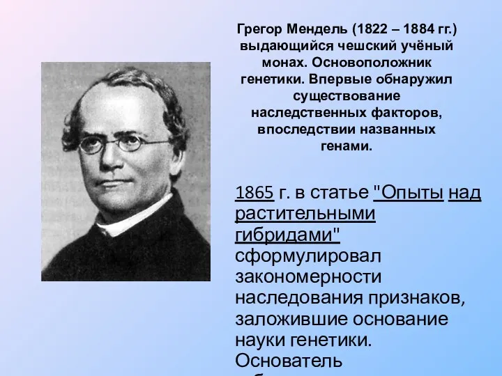 Грегор Мендель (1822 – 1884 гг.) выдающийся чешский учёный монах.