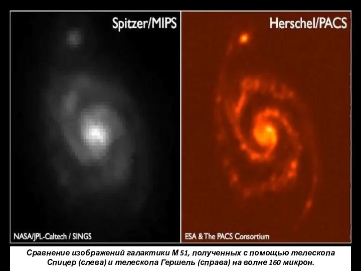Сравнение изображений галактики М 51, полученных с помощью телескопа Спицер