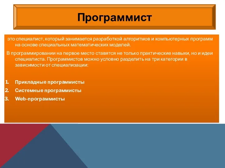 это специалист, который занимается разработкой алгоритмов и компьютерных программ на