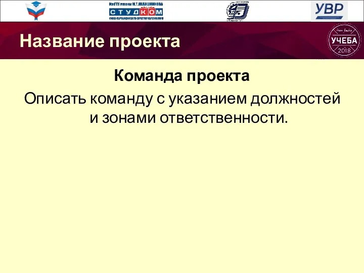 Команда проекта Описать команду с указанием должностей и зонами ответственности. Название проекта Название проекта