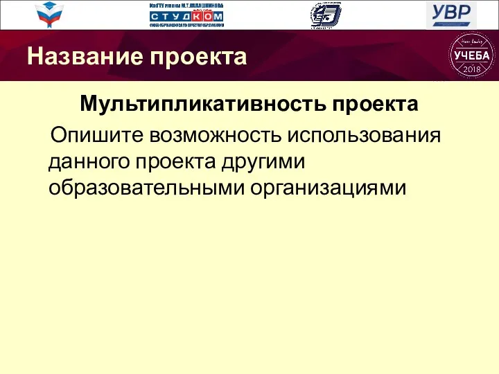 Мультипликативность проекта Опишите возможность использования данного проекта другими образовательными организациями Название проекта Название проекта