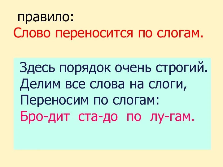 Здесь порядок очень строгий. Делим все слова на слоги, Переносим