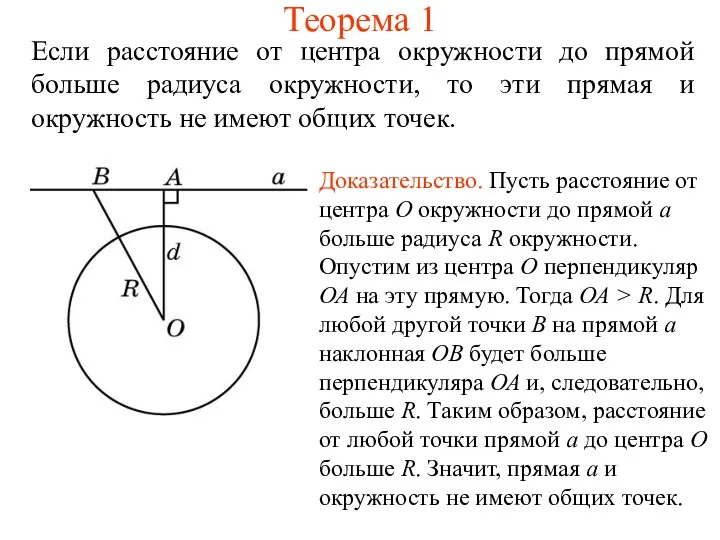 Теорема 1 Если расстояние от центра окружности до прямой больше