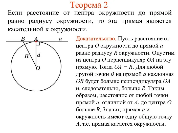 Теорема 2 Если расстояние от центра окружности до прямой равно