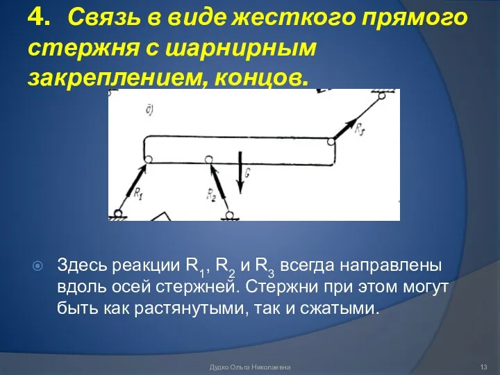 4. Связь в виде жесткого прямого стержня с шарнирным закреплением,