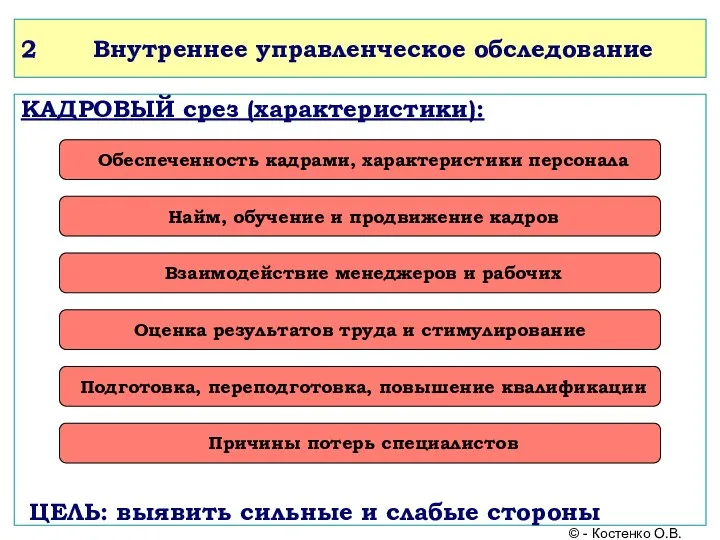 2 Внутреннее управленческое обследование КАДРОВЫЙ срез (характеристики): ЦЕЛЬ: выявить сильные