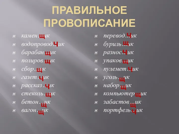 ПРАВИЛЬНОЕ ПРОВОПИСАНИЕ камен…ик водопровод…ик барабан…ик полиров…ик сбор…ик газет…ик рассказ…ик стеколь…ик