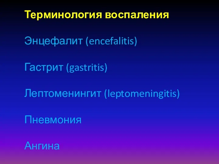 Терминология воспаления Энцефалит (encefalitis) Гастрит (gastritis) Лептоменингит (leptomeningitis) Пневмония Ангина