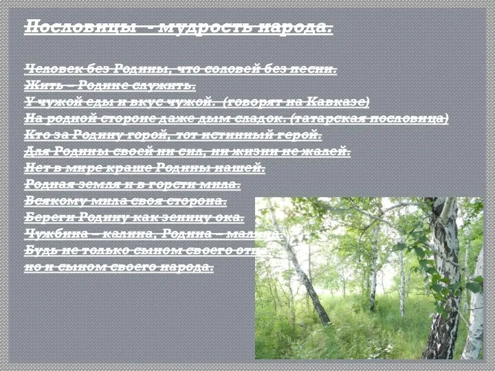 Пословицы - мудрость народа. Человек без Родины, что соловей без песни. Жить –