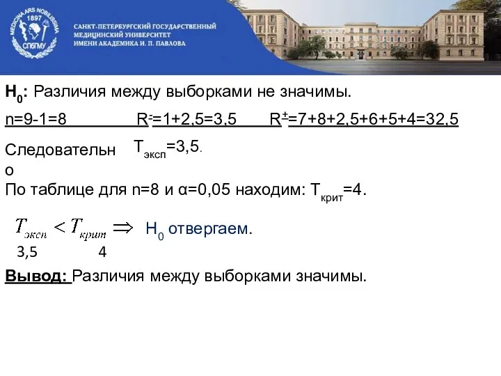 Н0: Различия между выборками не значимы. n=9-1=8 R-=1+2,5=3,5 R+=7+8+2,5+6+5+4=32,5 Следовательно