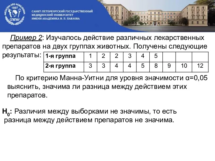 Пример 2: Изучалось действие различных лекарственных препаратов на двух группах