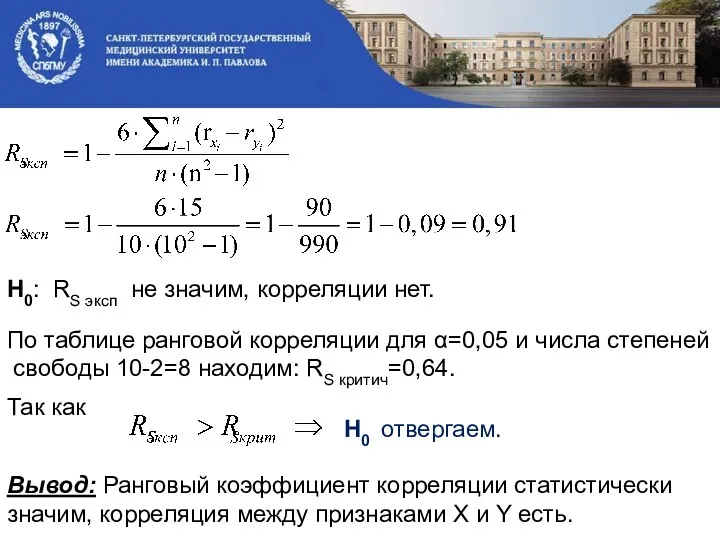 Н0: RS эксп не значим, корреляции нет. По таблице ранговой