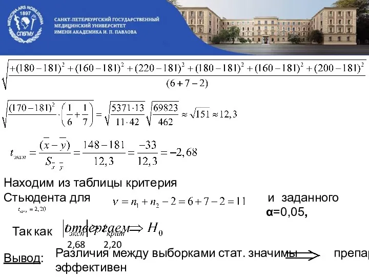 Находим из таблицы критерия Стьюдента для и заданного α=0,05, Вывод: