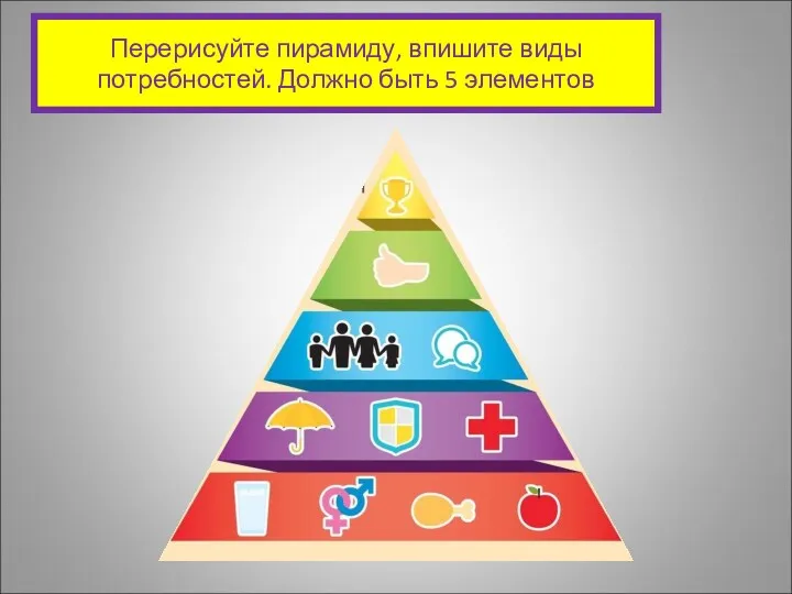 Перерисуйте пирамиду, впишите виды потребностей. Должно быть 5 элементов