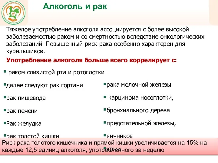 Алкоголь и рак Тяжелое употребление алкоголя ассоциируется с более высокой заболеваемостью раком и