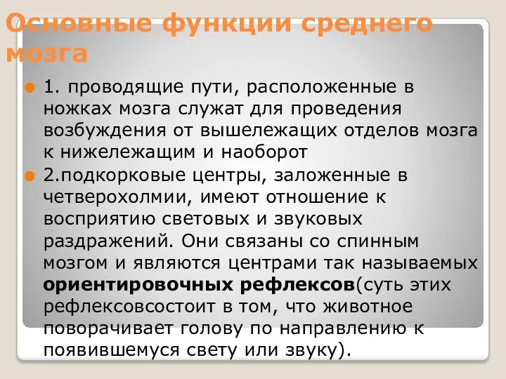 Основные функции среднего мозга 1. проводящие пути, расположенные в ножках