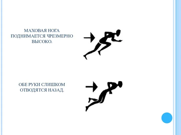 МАХОВАЯ НОГА ПОДНИМАЕТСЯ ЧРЕЗМЕРНО ВЫСОКО. ОБЕ РУКИ СЛИШКОМ ОТВОДЯТСЯ НАЗАД.