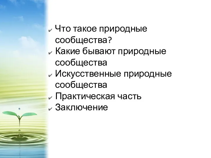 Что такое природные сообщества? Какие бывают природные сообщества Искусственные природные сообщества Практическая часть Заключение