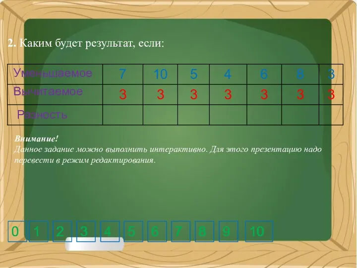 2. Каким будет результат, если: Вычитаемое Уменьшаемое 5 7 1