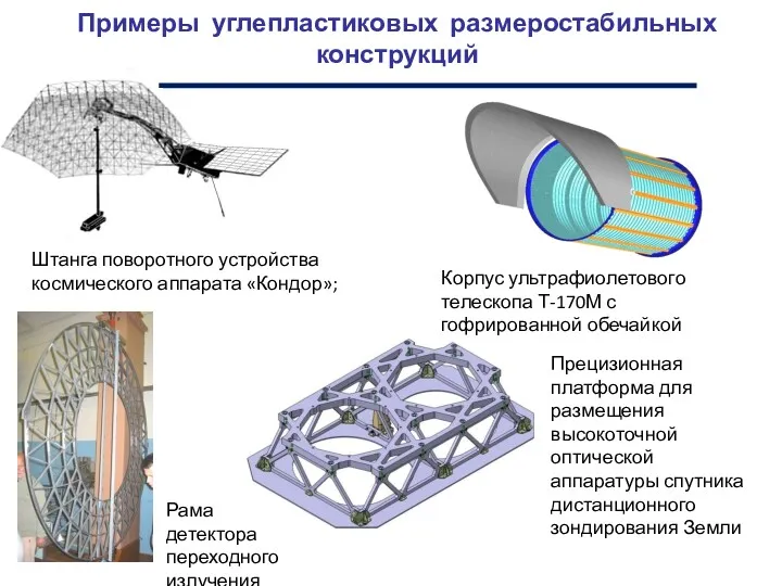 Примеры углепластиковых размеростабильных конструкций Штанга поворотного устройства космического аппарата «Кондор»;
