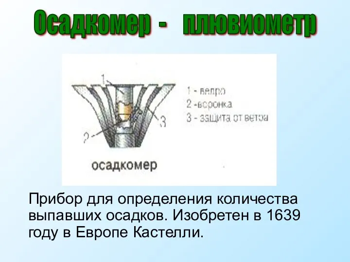 Прибор для определения количества выпавших осадков. Изобретен в 1639 году в Европе Кастелли. Осадкомер - плювиометр