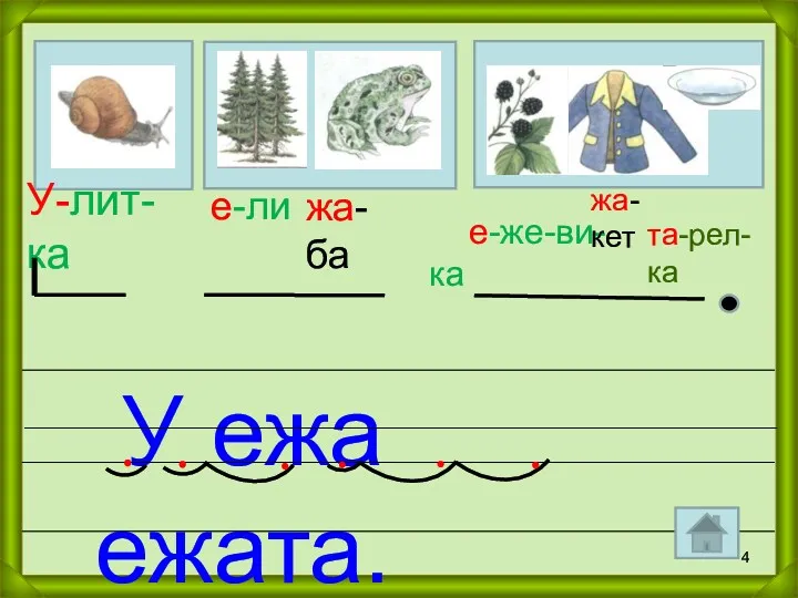 У-лит-ка е-ли е-же-ви-ка У ежа ежата. жа-ба жа-кет та-рел-ка