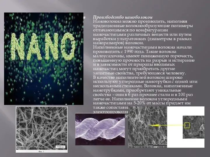 Производство нановолокон Нановолокна можно производить, наполняя традиционные волокнообразующие полимеры отличающимися