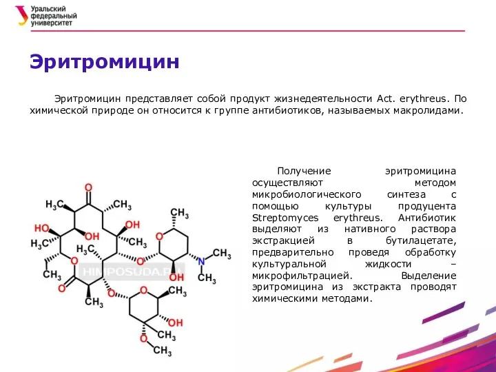Эритромицин представляет собой продукт жизнедеятельности Act. erythreus. По химической природе он относится к