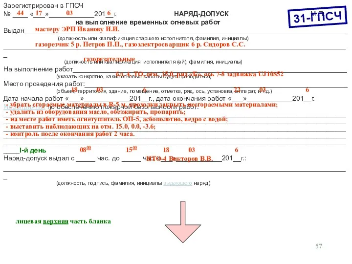 Зарегистрирован в ГПСЧ № ____ «___»____________201__г. НАРЯД-ДОПУСК М.П. на выполнение