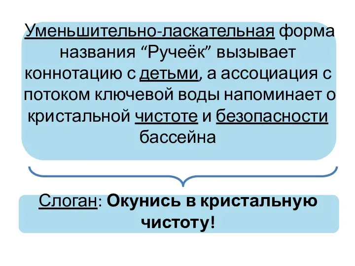 Уменьшительно-ласкательная форма названия “Ручеёк” вызывает коннотацию с детьми, а ассоциация