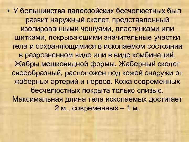 У большинства палеозойских бесчелюстных был развит наружный скелет, представленный изолированными