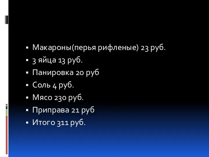 Макароны(перья рифленые) 23 руб. 3 яйца 13 руб. Панировка 20