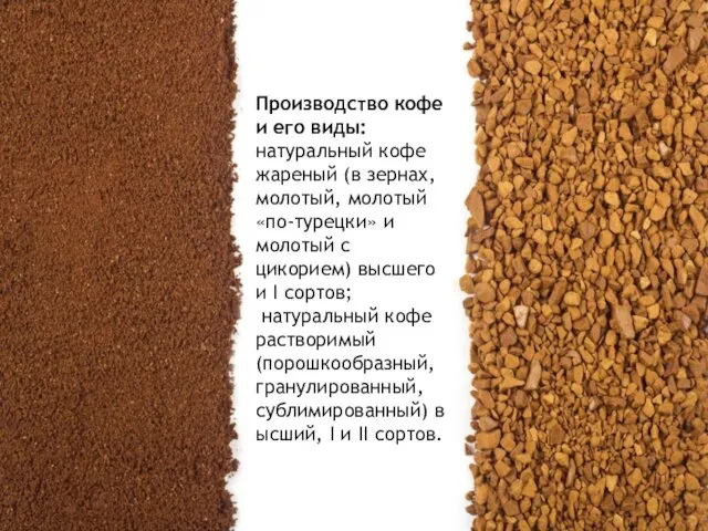 Производство кофе и его виды: натуральный кофе жареный (в зернах, молотый, молотый «по-турецки»
