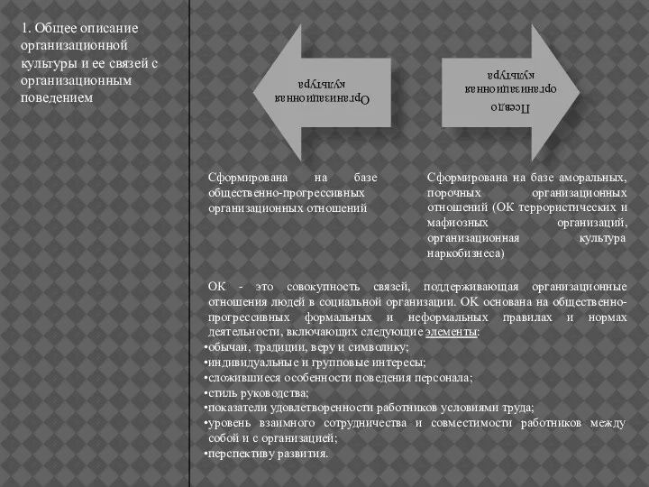 1. Общее описание организационной культуры и ее связей с организационным