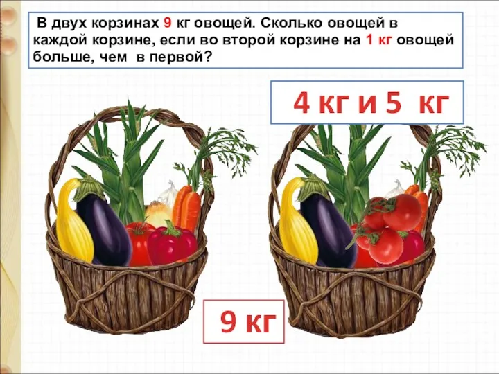 В двух корзинах 9 кг овощей. Сколько овощей в каждой