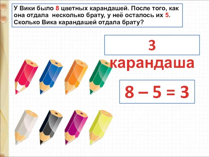 У Вики было 8 цветных карандашей. После того, как она