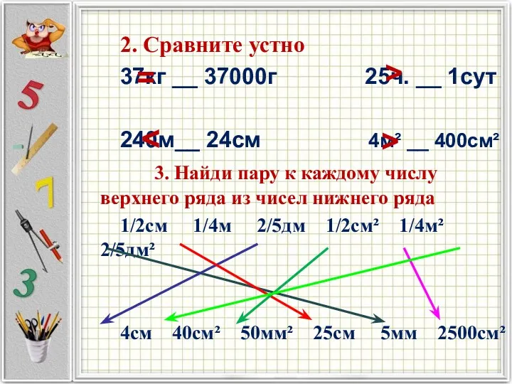 2. Сравните устно 37кг __ 37000г 25ч. __ 1сут 240м__