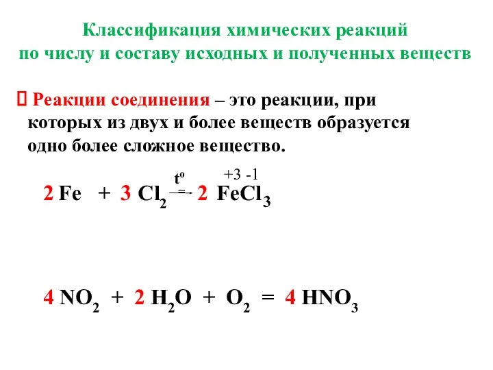 Классификация химических реакций по числу и составу исходных и полученных