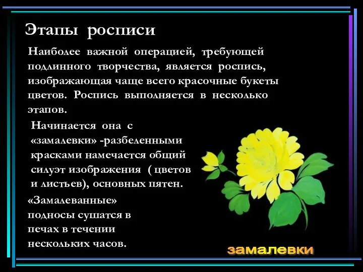 Этапы росписи Наиболее важной операцией, требующей подлинного творчества, является роспись,