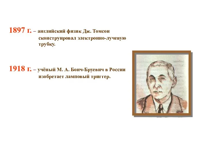 1897 г. – английский физик Дж. Томсон сконструировал электронно-лучевую трубку.