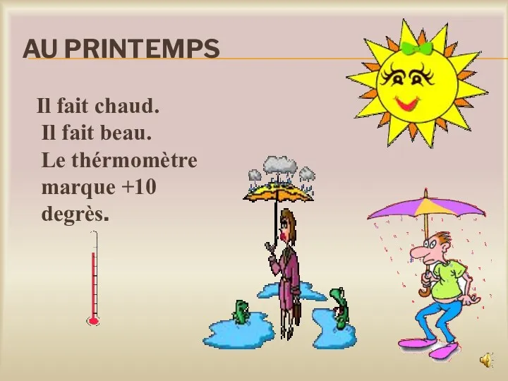 AU PRINTEMPS Il fait chaud. Il fait beau. Le thérmomètre marque +10 degrès.