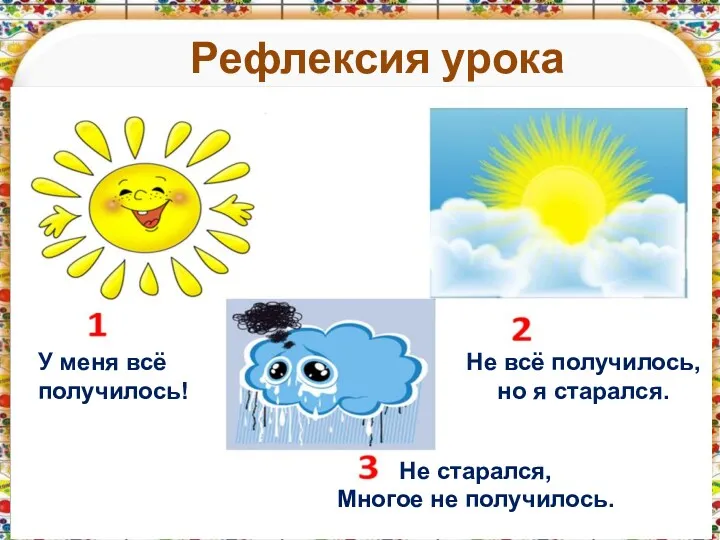 Рефлексия урока У меня всё получилось! Не всё получилось, но я старался. Не