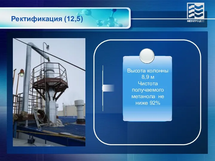 Ректификация (12,5) Высота колонны 8,9 м Чистота получаемого метанола не ниже 92%
