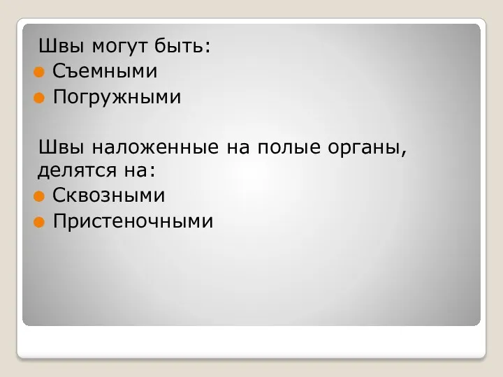 Швы могут быть: Съемными Погружными Швы наложенные на полые органы, делятся на: Сквозными Пристеночными